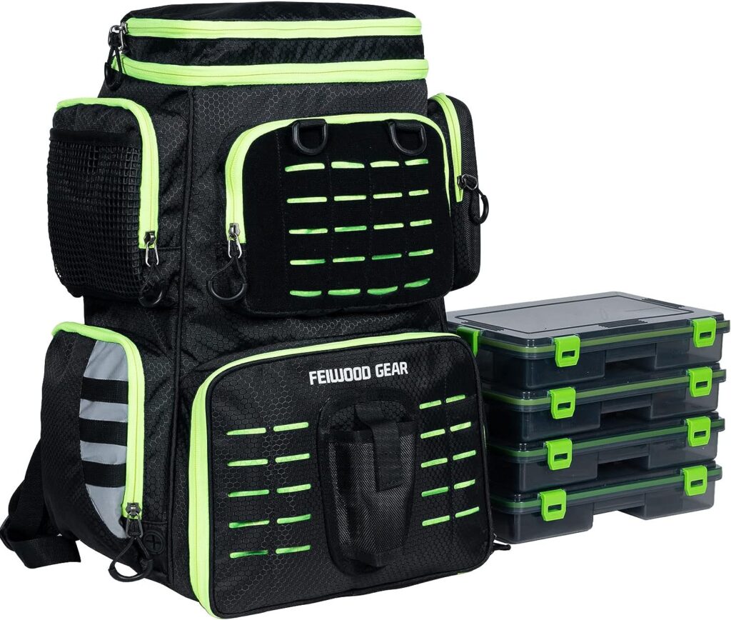 FEIWOOD GEAR Fishing Tackle Backpack with 4 Tackle Boxes,Large Storage - Resistant Fishing Backpack with Rod Holder for Fishing, Camping, Hiking, Outdoor Sports