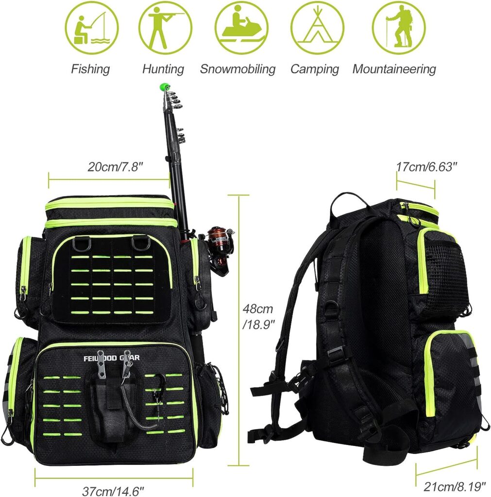 FEIWOOD GEAR Fishing Tackle Backpack with 4 Tackle Boxes,Large Storage - Resistant Fishing Backpack with Rod Holder for Fishing, Camping, Hiking, Outdoor Sports