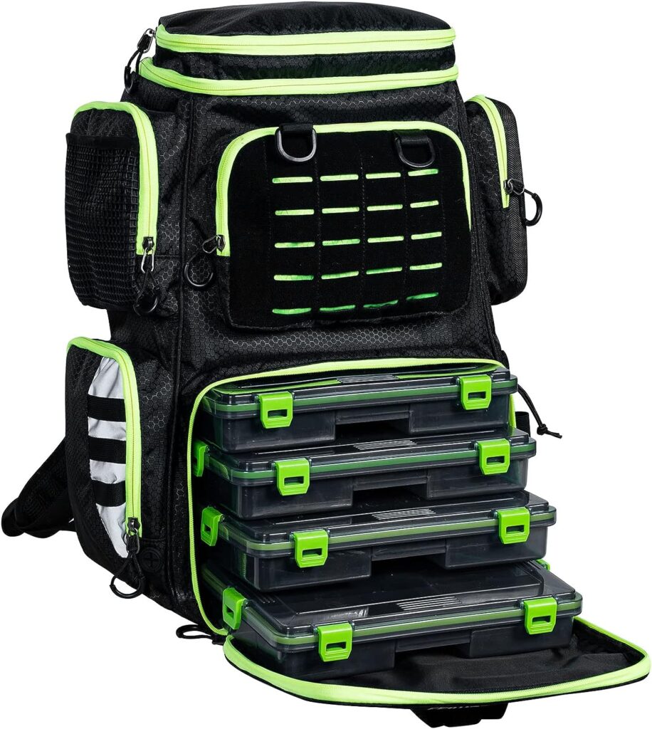 FEIWOOD GEAR Fishing Tackle Backpack with 4 Tackle Boxes,Large Storage - Resistant Fishing Backpack with Rod Holder for Fishing, Camping, Hiking, Outdoor Sports