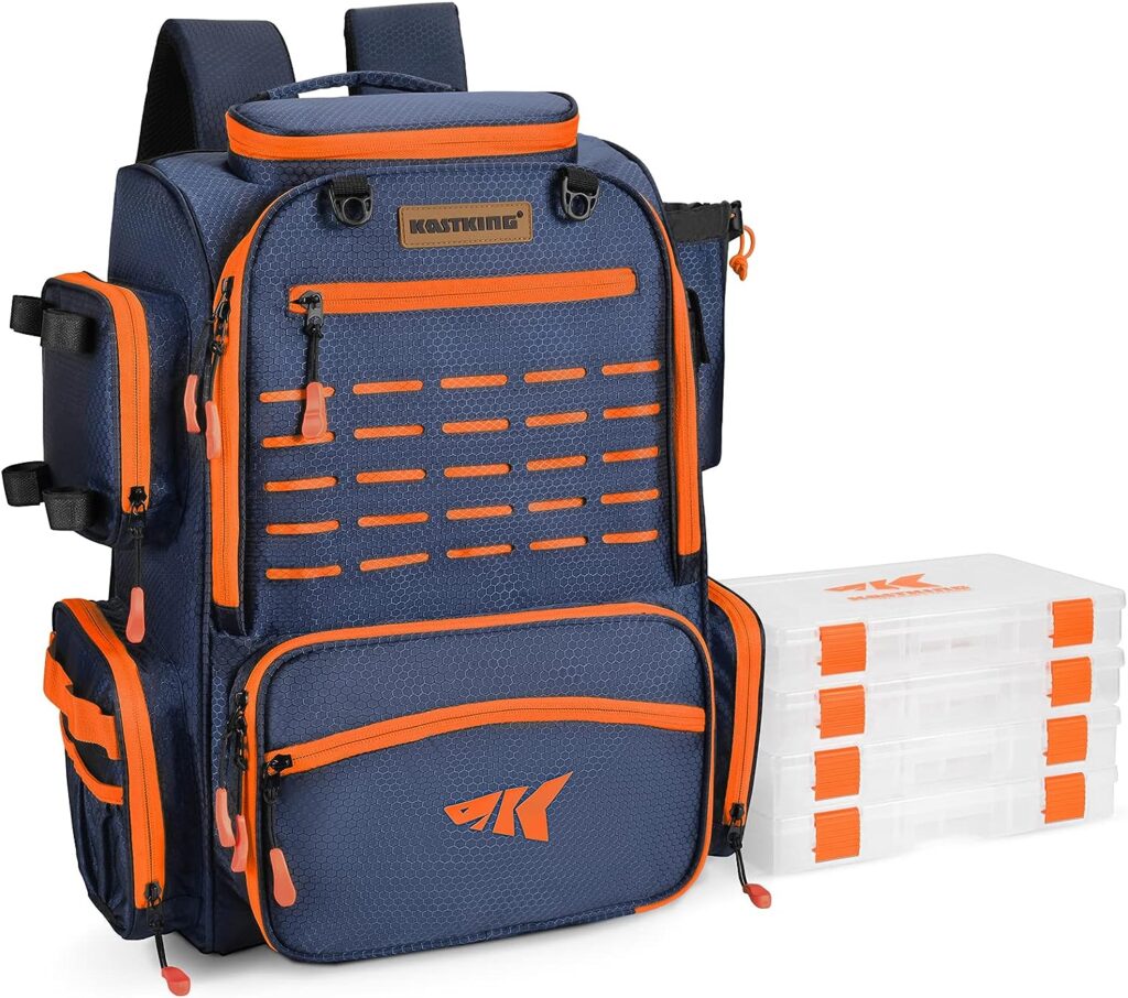 KastKing Bait Boss Fishing Tackle Backpack with Rod Holders, 4 Tackle Boxes, Waterproof Protective Rain Cover, 43L Large Storage Waterproof Tackle Boxes for Fishing, Camping, Hiking, Outdoor Sports
