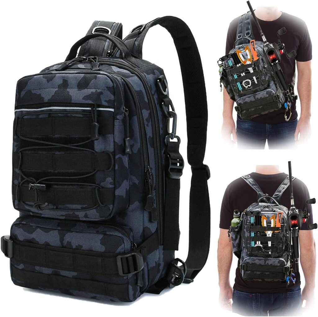 Lfemro Fishing Tackle Bag with Gear Holder, 3D Breathable Mesh Waterproof SlingTackle Storage Bag Outdoor Sport Fishing Backbag for Fishing, Hiking, Hunting