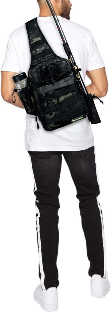 Rodeel Fishing Tackle Sling Shlouder Backpack with Fishing Rod Holder, Lure Bag with/Without a Tray, Water Resistant Weatherproof, Large Storage, for Fly Fishing, Outdoor Sports, Camping, Hiking