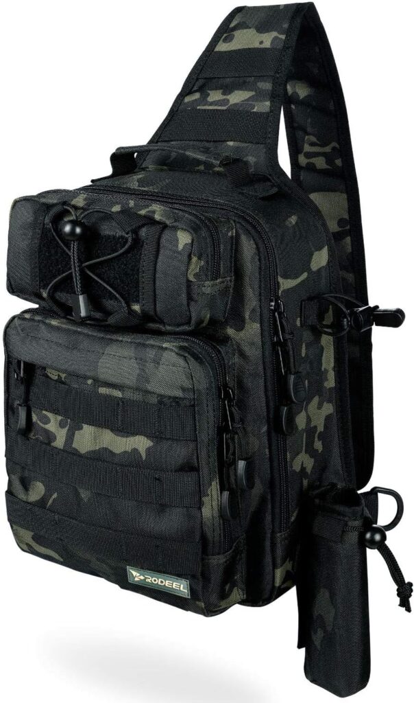 Rodeel Fishing Tackle Sling Shlouder Backpack with Fishing Rod Holder, Lure Bag with/Without a Tray, Water Resistant Weatherproof, Large Storage, for Fly Fishing, Outdoor Sports, Camping, Hiking