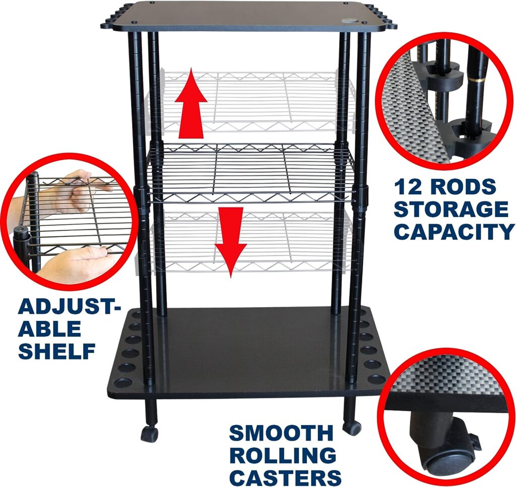 Rush Creek Creations 12-Rod Rolling Fishing Gear Tackle Cart, Fishing Rod Tackle Storage Cart with 12 Freshwater Rod Clips, Black