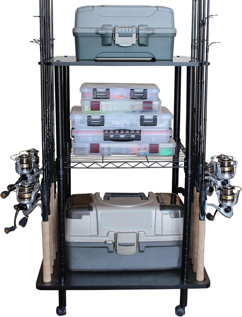 Rush Creek Creations 12-Rod Rolling Fishing Gear Tackle Cart, Fishing Rod Tackle Storage Cart with 12 Freshwater Rod Clips, Black