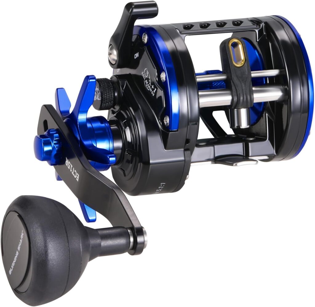 Burning Shark Baitcasting Fishing Reel, Smooth Powerful Round Baitcaster Reel, Saltwater Inshore Surf Trolling Reel, Conventional Reel for Catfish, Musky, Bass, Pike