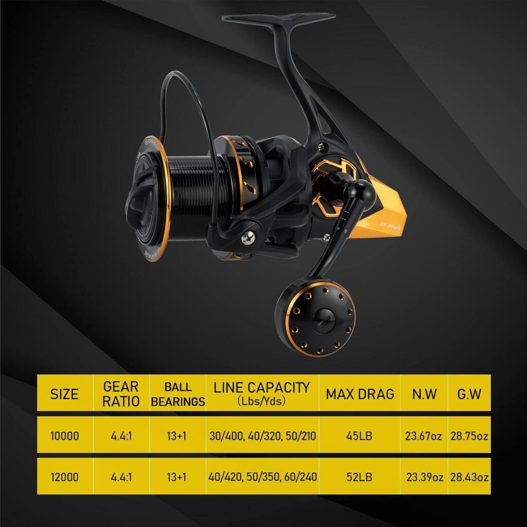 Dr.Fish Saltwater Spinning Reels, Full Metal Surf Fishing Reel, 13 +1 BB, 52LB Max Drag Ocean Sea Fishing Reel, Heavy Duty Long Cast Offshore Trolling Reel