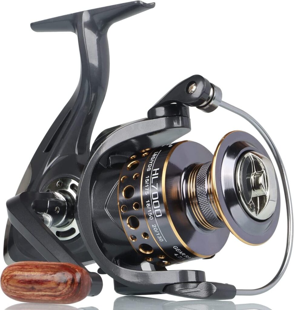 HPLIFE Spinning Reel, Saltwater Fishing Reels with Wooden Handle 13 BB Light Weight 43LB Max Drag, 4.7:1/5.2:1 Gear Ratio Summer/ICE Fishing Beginners Kids Friendly