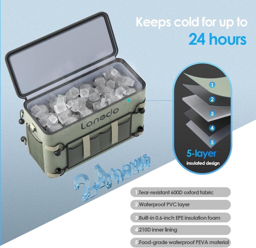 Lanedo 34-Can Soft-Sided Cooler - Collapsible, Leak-Proof, Use as a Beach Cooler, Soft Ice Bag, Ice Chest, or Travel Cooler for Food Shopping, Camping, Kayaking, Fishing, and Multi-Person Lunch Bag.