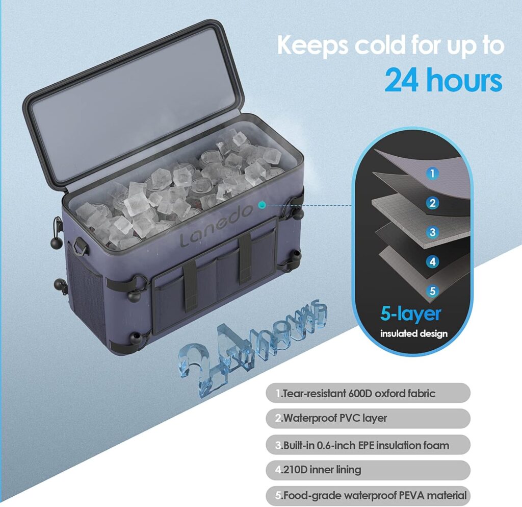 Lanedo 34-Can Soft-Sided Cooler - Collapsible, Leak-Proof, Use as a Beach Cooler, Soft Ice Bag, Ice Chest, or Travel Cooler for Food Shopping, Camping, Kayaking, Fishing, and Multi-Person Lunch Bag.