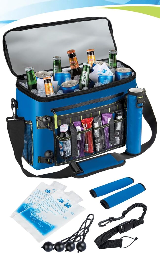 Premium Kayak Cooler for Behind Seat - Built in Fishing Rod Holders, Includes Reusable Ice Packs, Bonus Paddle Grips and Leash for The Ultimate Kayak Accessories Bundle. 17in x 12in x 7in (Blue)