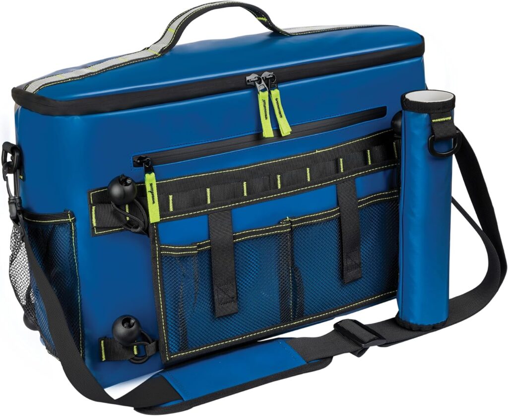Premium Kayak Cooler for Behind Seat - Built in Fishing Rod Holders, Includes Reusable Ice Packs, Bonus Paddle Grips and Leash for The Ultimate Kayak Accessories Bundle. 17in x 12in x 7in (Blue)